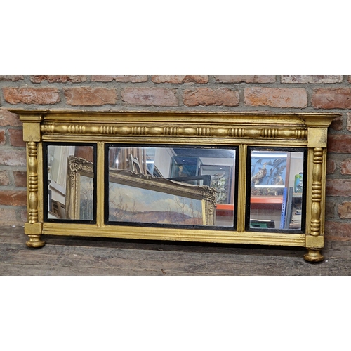 2427 - 19th century gilt wood triptych overmantel mirror, H 57cm x W 127cm