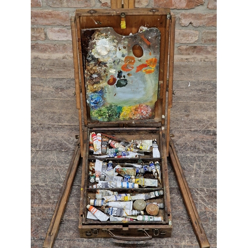 2309 - Antique French adjustable folding travelling artist easel complete with paints and palette