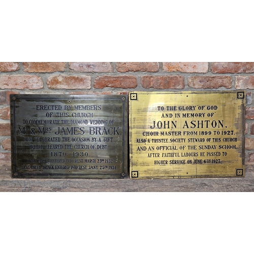 2489 - Two late 19th / early 20th century brass commemorative plaques, H 46cm x W 61cm (largest) (2)