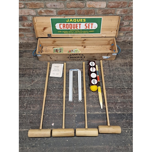 1255 - Jaques croquet set in original pine box, complete, H 19cm x W 110cm x D 27cm