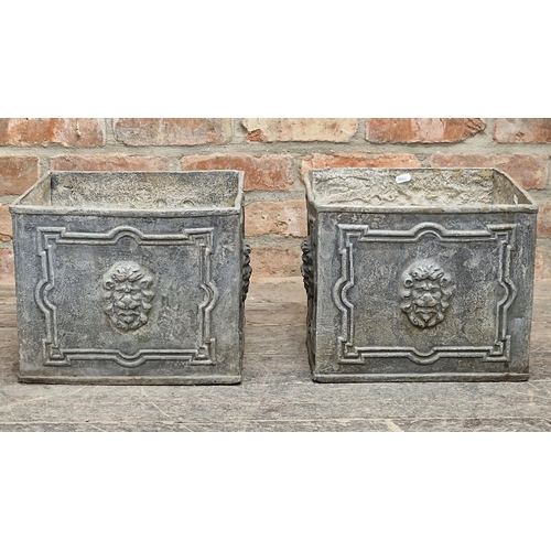 1258 - Pair of good quality square lead planters with lion mask detail, H 27cm x W 33cm x D 33cm (2)