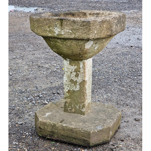 1123 - Weathered reconstituted stone octagonal bird bath with square cut column, H 57cm x W 35cm