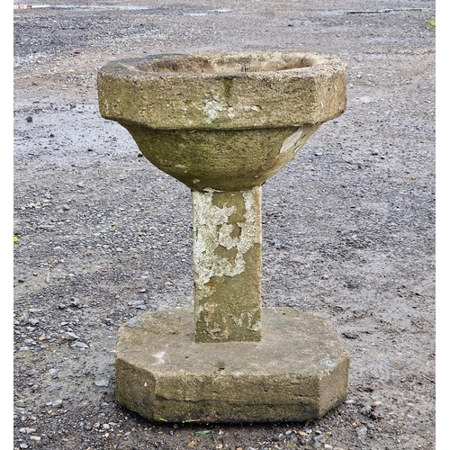 1123 - Weathered reconstituted stone octagonal bird bath with square cut column, H 57cm x W 35cm