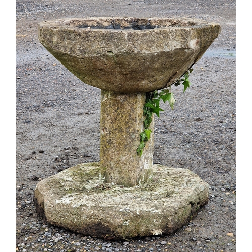 1124 - Weathered reconstituted stone octagonal bird bath with square cut column, H 56cm x W 50cm