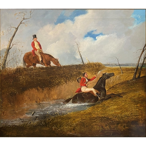 282 - Early to mid 19th century school - Hunting scene with unsettled rider and horse in a flooded ditch w... 