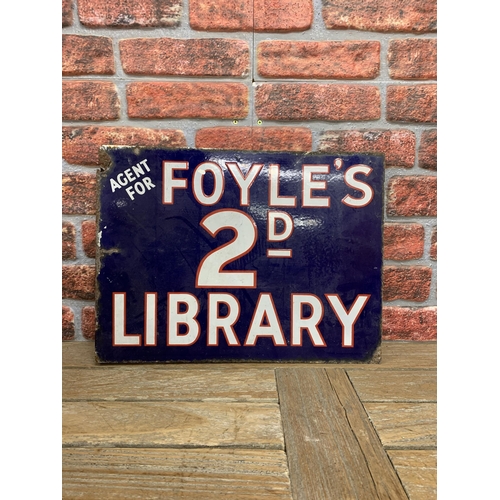 2509 - An early 20th century enamel double-sided advertising sign for 'Foyle's 2D Library', W38cm H51cm