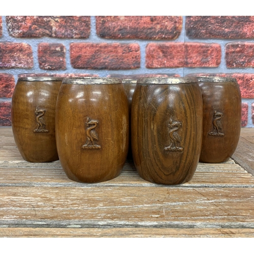 2201 - Matching set of five vintage hand carved wooden beer steins, with silver plated liners and a carving... 