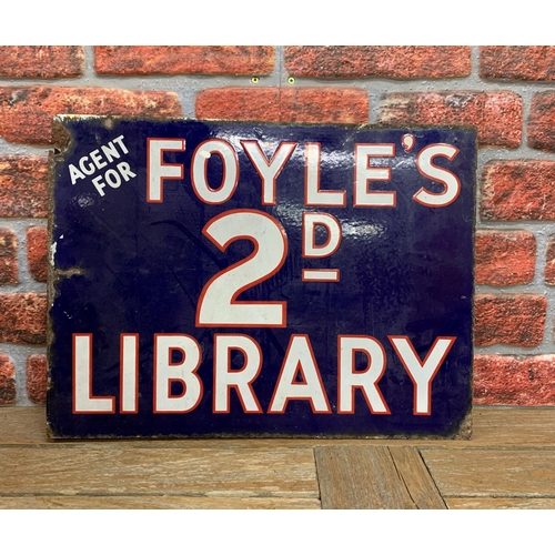 2509 - An early 20th century enamel double-sided advertising sign for 'Foyle's 2D Library', W38cm H51cm