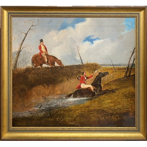 282 - Early to mid 19th century school - Hunting scene with unsettled rider and horse in a flooded ditch w... 