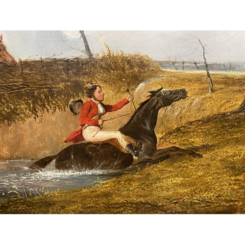 282 - Early to mid 19th century school - Hunting scene with unsettled rider and horse in a flooded ditch w... 