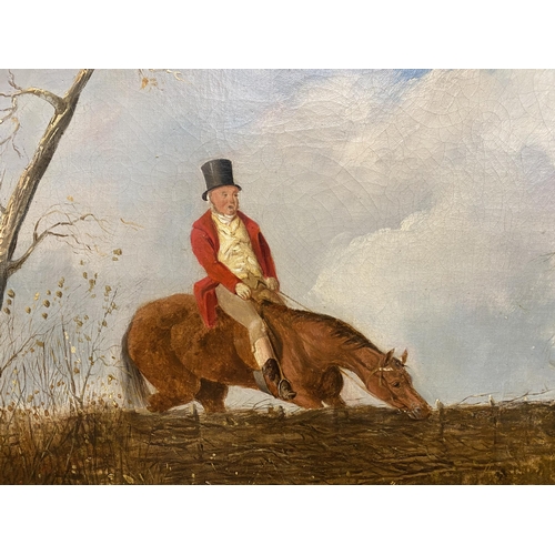 282 - Early to mid 19th century school - Hunting scene with unsettled rider and horse in a flooded ditch w... 