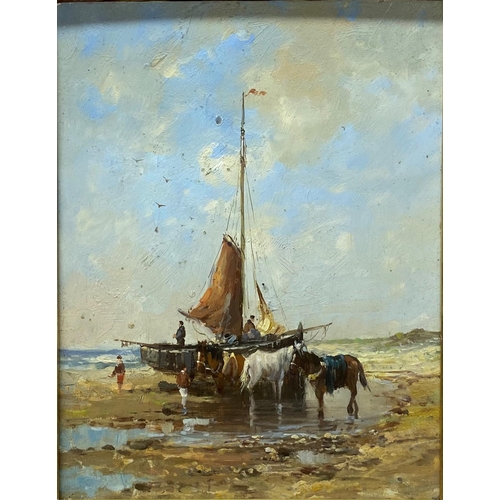 521 - Horace W. Tuck (1876-1951) - coastal scene with sailing vessel, horses and figures, unsigned, oil on... 