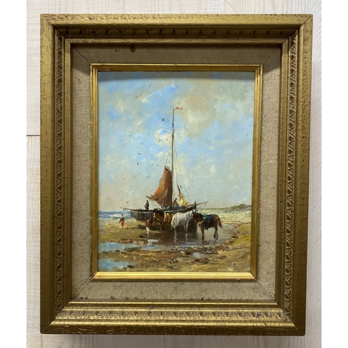 521 - Horace W. Tuck (1876-1951) - coastal scene with sailing vessel, horses and figures, unsigned, oil on... 