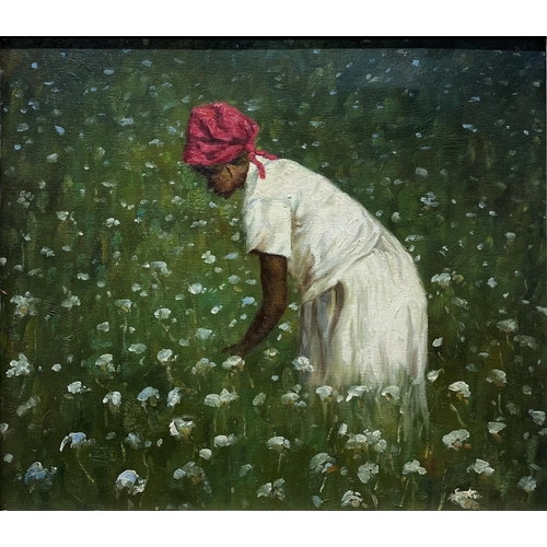 628 - Possibly by Ted Ellis (b. 1963, American) - Cotton Picking, unsigned, oil on canvas, 49 x 59cm, fram... 