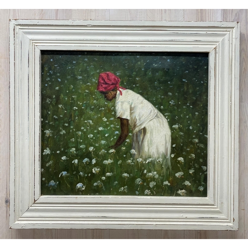 628 - Possibly by Ted Ellis (b. 1963, American) - Cotton Picking, unsigned, oil on canvas, 49 x 59cm, fram... 