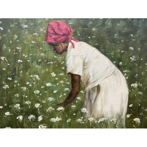 628 - Possibly by Ted Ellis (b. 1963, American) - Cotton Picking, unsigned, oil on canvas, 49 x 59cm, fram... 