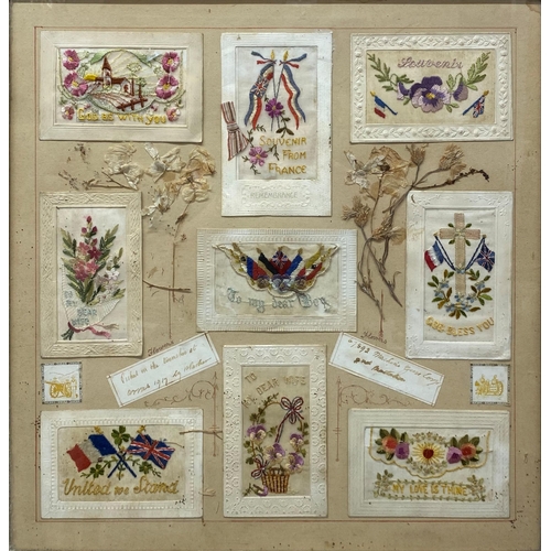 2452 - Framed diorama of WWI silk postcards, with flowers picked at the trenches 1917, 46 x 46cm