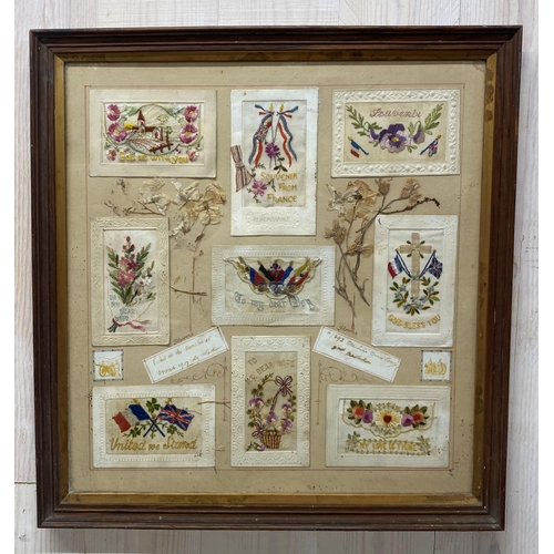 2452 - Framed diorama of WWI silk postcards, with flowers picked at the trenches 1917, 46 x 46cm