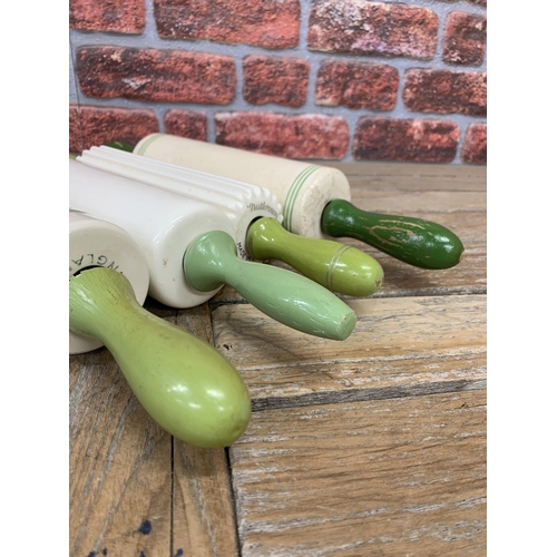 2289 - Kitchenalia - quantity of cream and green ceramic rolling pins to include Nutbrown, Sadler and 