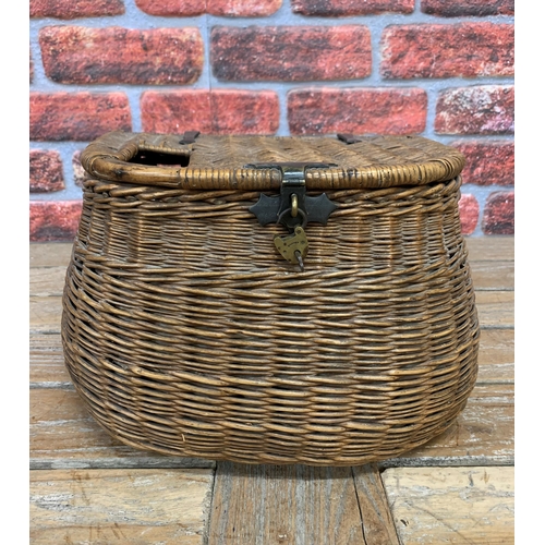 393 - Victorian Farlow's wicker fishing creel with brass strapwork and original padlock and key, inscripti... 