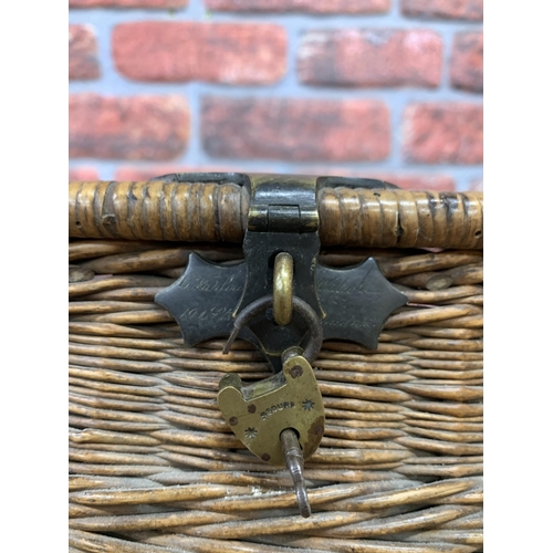 393 - Victorian Farlow's wicker fishing creel with brass strapwork and original padlock and key, inscripti... 