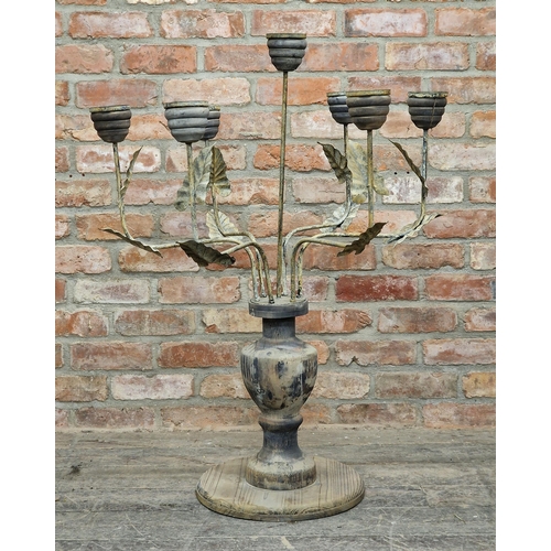 2352 - Large French provincial wrought iron and turned softwood candelabra, H 107 x Dia 76cm