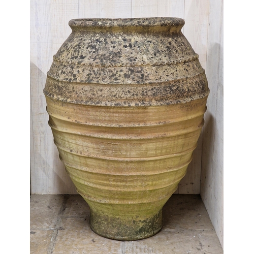 1001 - Large antique well weathered terracotta amphora, with pressed banded and rope twist decoration, 100c... 