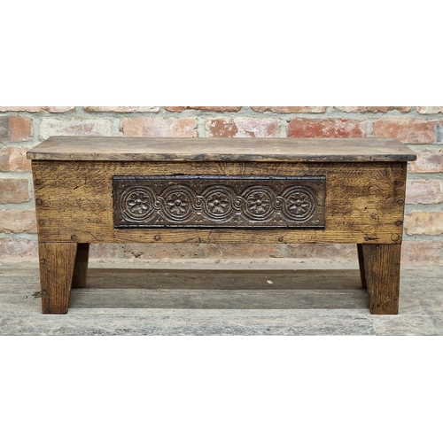 1312 - Bespoke scratch built oak/elm coffer with inset earlier floral panel, 43cm high x 92cm wide