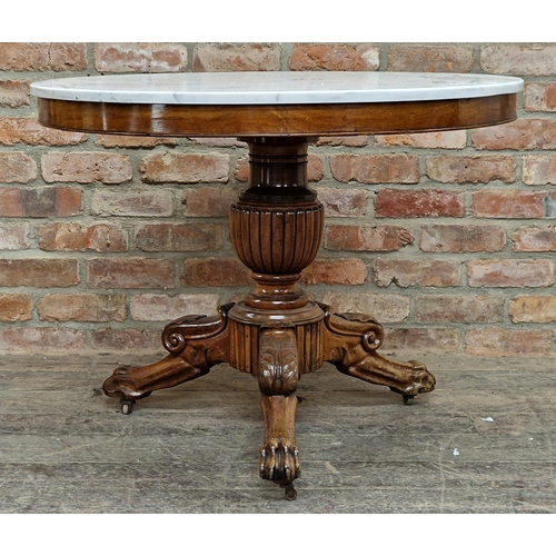 1311 - 19th century French walnut gueridon table, upon a baluster fluted support and three paw feet, 75cm h... 