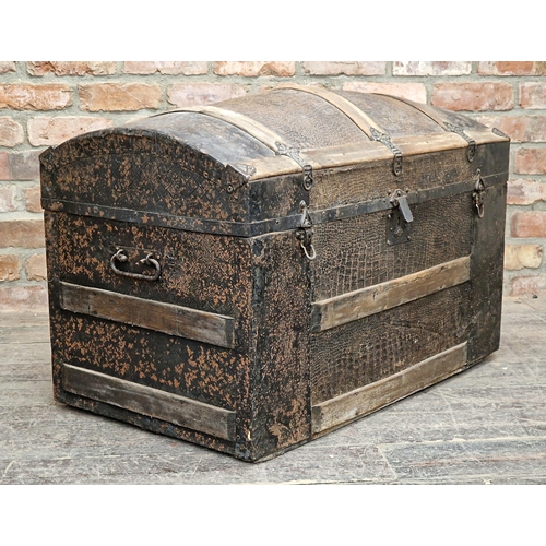 1315 - 19th century lathe-bound domed trunk with interesting strap work and snakeskin finish, 60cm high x 9... 