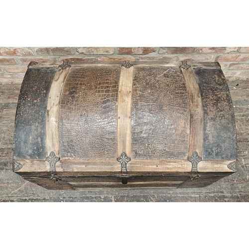 1315 - 19th century lathe-bound domed trunk with interesting strap work and snakeskin finish, 60cm high x 9... 