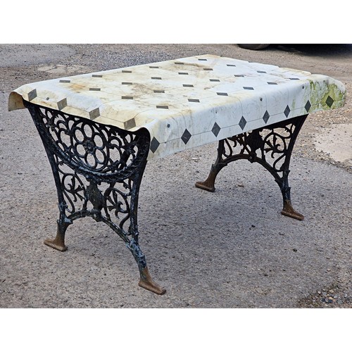 1270 - Painted cast iron garden table with decorative pierced detail and vinyl cover top, H 67cm x W 116cm ... 