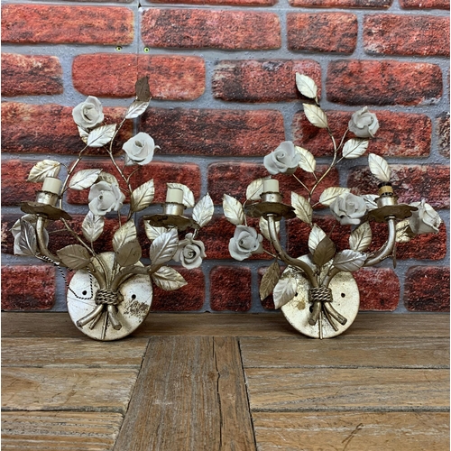 2396 - A matching pair of painted metal and white ceramic wall sconces H41cm, W34cm