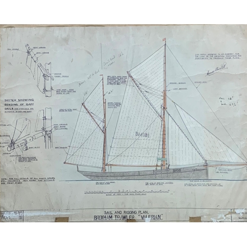 597 - Two shipping interest technical drawings of a Brixham Trawler 'Valerian', one to show the rigging an... 