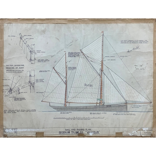 597 - Two shipping interest technical drawings of a Brixham Trawler 'Valerian', one to show the rigging an... 