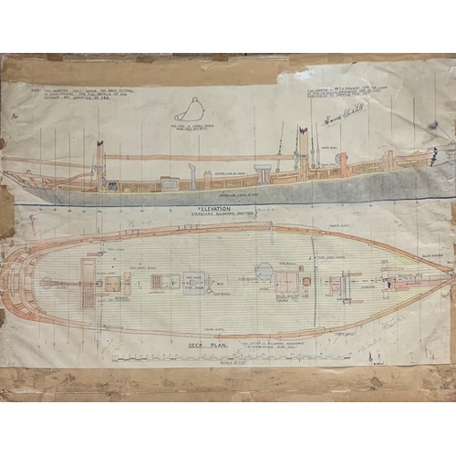 597 - Two shipping interest technical drawings of a Brixham Trawler 'Valerian', one to show the rigging an... 