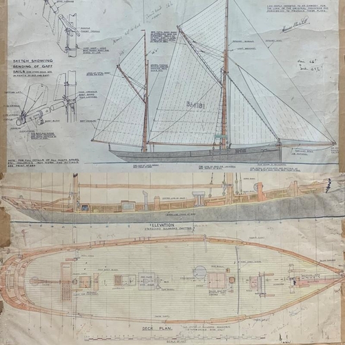 597 - Two shipping interest technical drawings of a Brixham Trawler 'Valerian', one to show the rigging an... 