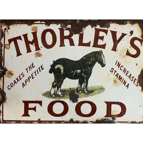 2515 - Two vintage advertising enamel tin signs, Thorleys Food, W31cm, H21cm and a double sided Spratts sig... 