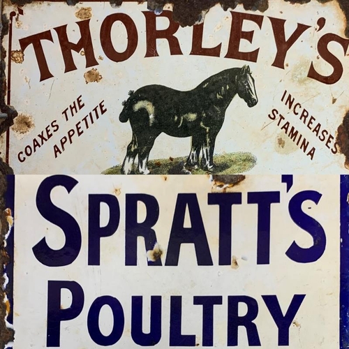 2515 - Two vintage advertising enamel tin signs, Thorleys Food, W31cm, H21cm and a double sided Spratts sig... 