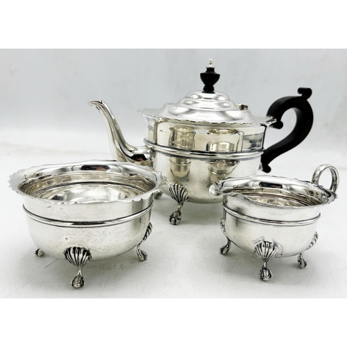 95 - 1920s Georgian style silver three piece bachelor bullet tea service. teapot, milk jug and sucrier, o... 