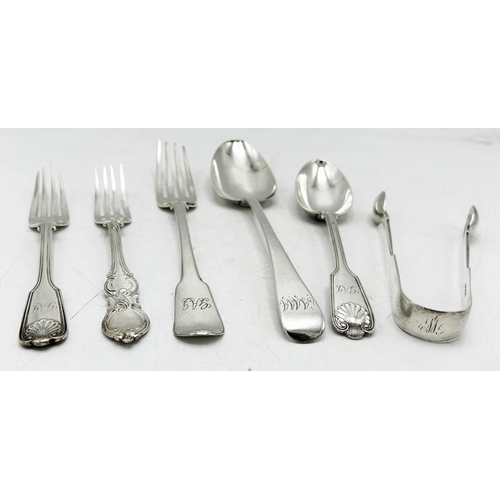 98 - Collection of Georgian and later silver flatware - three forks, two spoons and sugar tongs, 10oz app... 