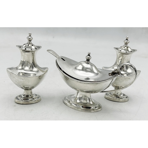 100 - Good three piece silver cruet, lidded mustard with original spoon and two baluster peppers, maker J ... 
