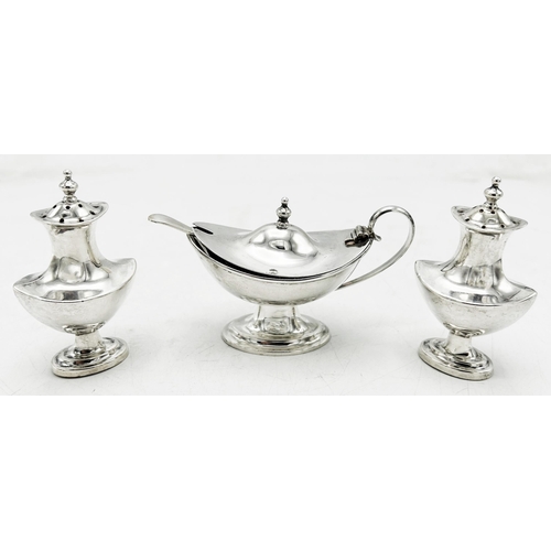 100 - Good three piece silver cruet, lidded mustard with original spoon and two baluster peppers, maker J ... 
