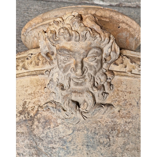 1293 - Early Etruscan clay urn with Bacchus head and vine detail, H 54cm