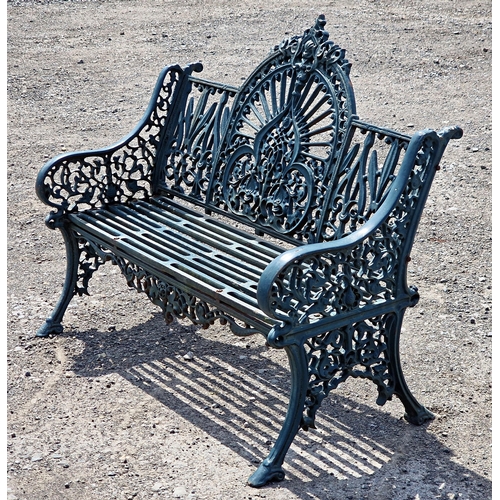 1272 - Good quality Victorian style painted cast iron peacock pattern garden bench in the manner of Pierce ... 