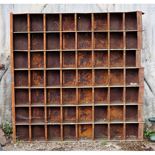 1276 - Vintage industrial metal pigeon hole cabinet together with a metal cabinet of arched form with hinge... 