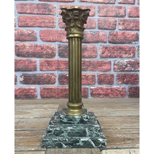 2249 - Brass Corinthian column oil lamp, on a stepped marble square base, H34cm