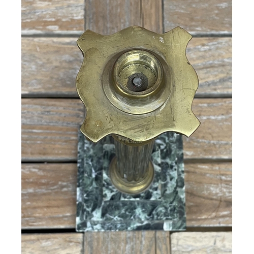 2249 - Brass Corinthian column oil lamp, on a stepped marble square base, H34cm