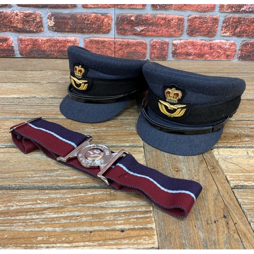 2468 - Two Royal Air Force female officers hats with badge, Size 55cm & 56cm, along with an RAF Stable belt... 