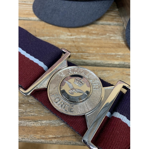 2468 - Two Royal Air Force female officers hats with badge, Size 55cm & 56cm, along with an RAF Stable belt... 